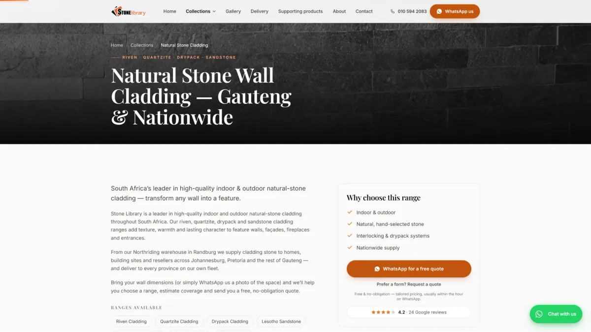 Natural stone wall cladding collection page with quote sidebar