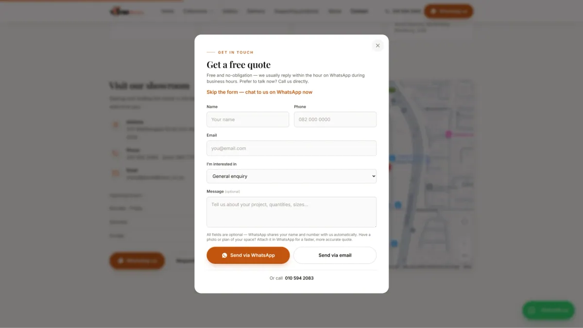 Get-a-free-quote form with send-via-WhatsApp and email options