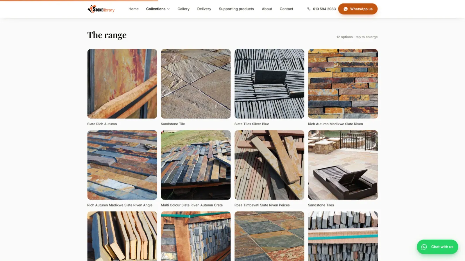 Product range grid showing twelve natural stone options