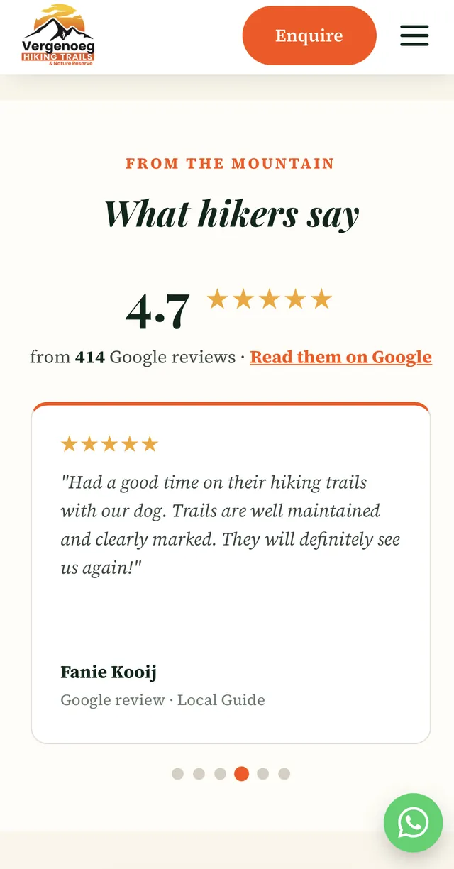 Google rating and reviews carousel on the Vergenoeg homepage, on a phone