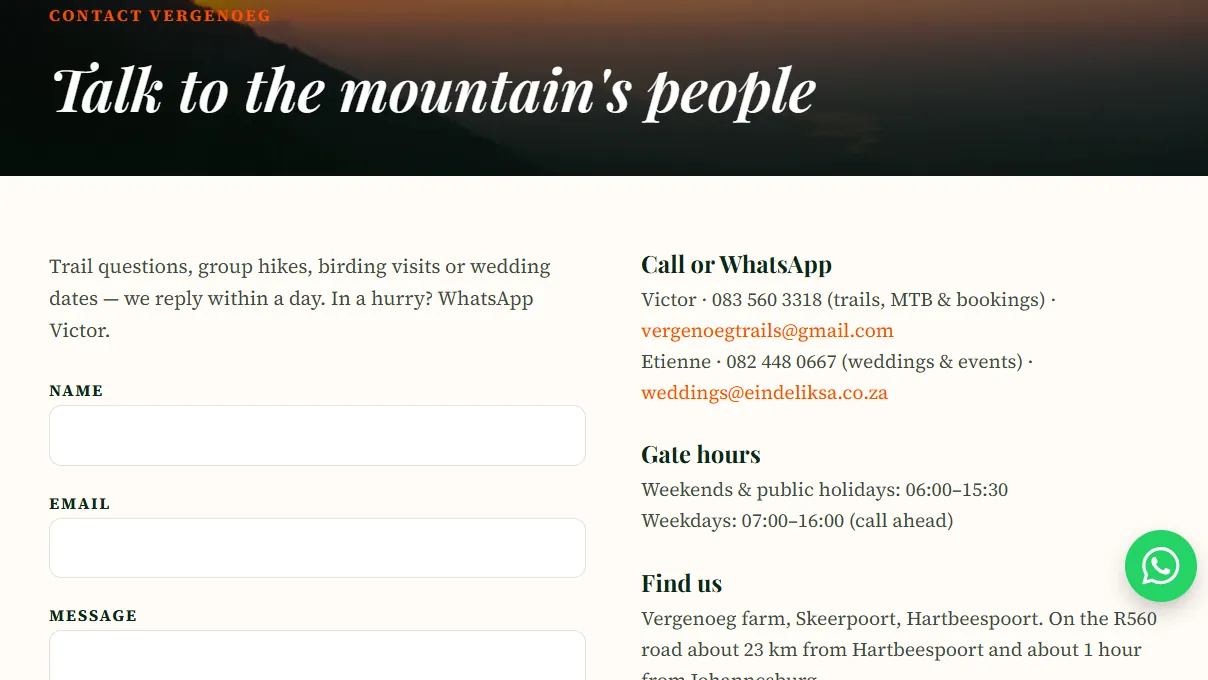 The new contact page with a message form, separate numbers for trails and weddings, gate hours and directions