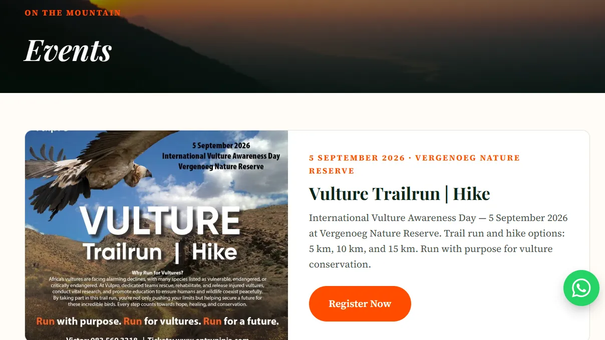 The new events page leading with the Vulture Trailrun and a Register Now button
